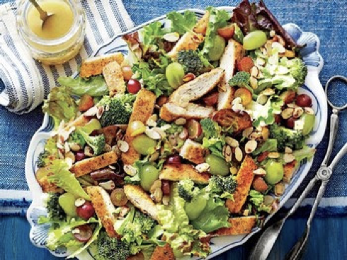 Oven-Fried Chicken Salad with Grapes, Honey, Almonds, and Broccoli